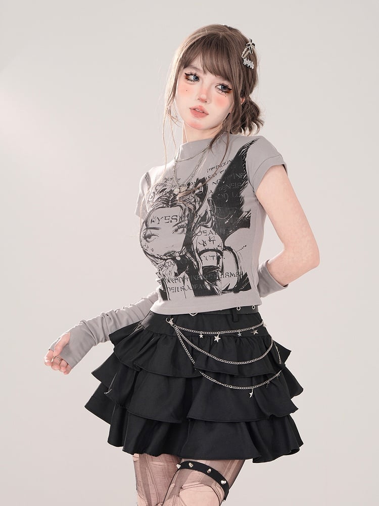 Character Print and Matching Fingerless Gray Mock Neck T-shirt with Manga Gloves