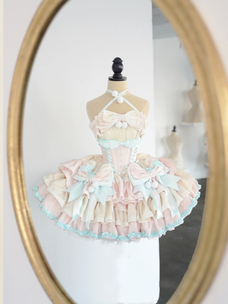Mint Green Waist Pink Basque and Bowknots and Pompons Sweet Balletcore Puffy Lace-up Dress Decoration