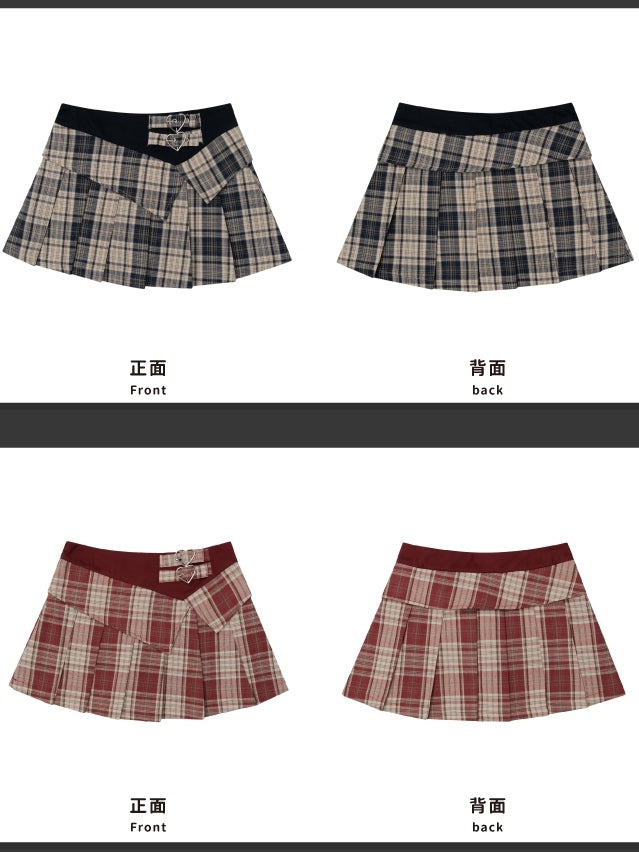 Khaki/Red Buckle Straps High Waist Plaid Pleated Skirt