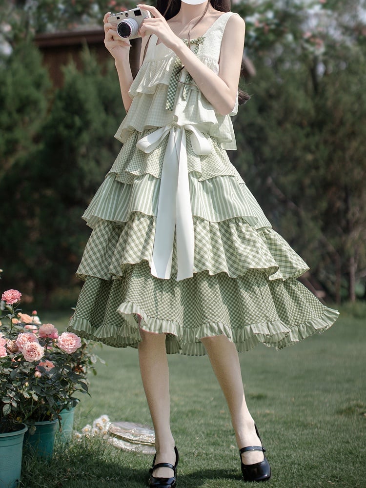 Rüschen gestuft mit Mori Kei Grün Patchwork Ärmelloses Kleid