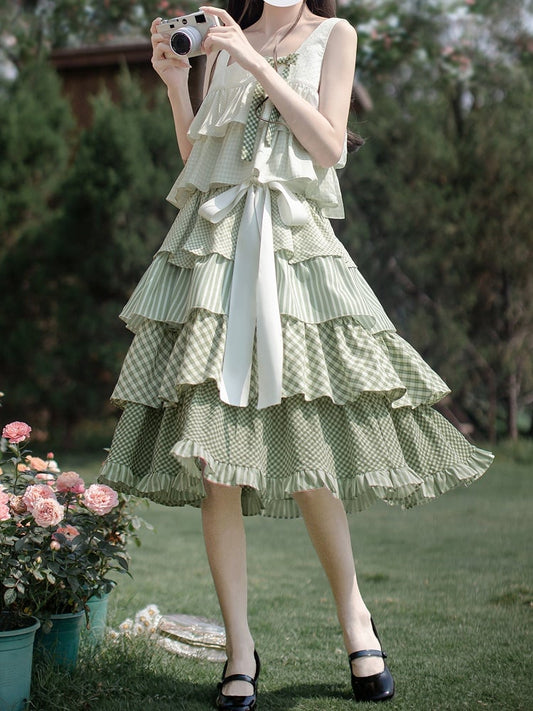 Ruffles Tiered with Mori Kei Green Patchwork Sleeveless Dress