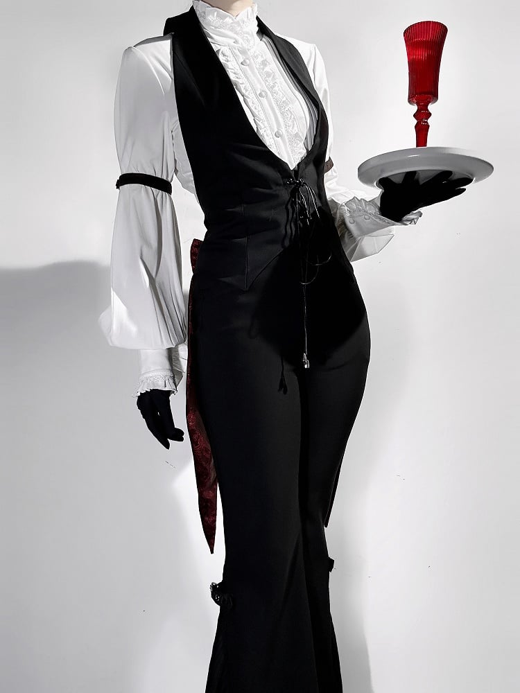 Black Ouji Neck Gothic Bunny at Halter Lolita Buckle Back Tailcoat with Bow Tail Waistcoat