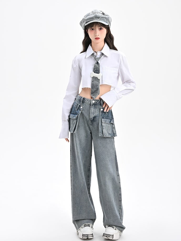 Wide-Leg Jeans with Detachable Skirt Accessory Blue Vintage