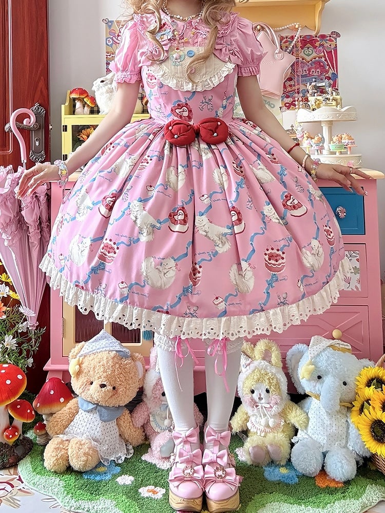 Kitty Cake Fashion Dress Sweet and Showa Pink Lolita Print Cherry