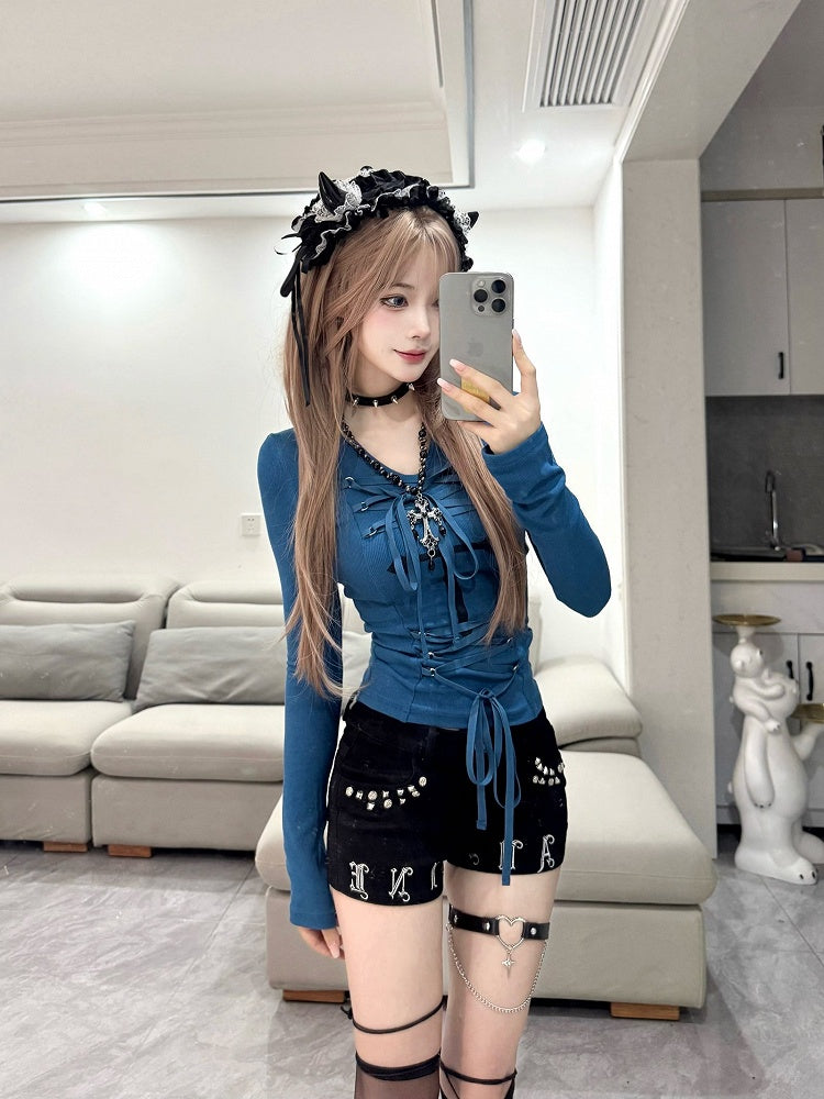 Front with Alternative Fashion Lace-up Klein Blue Cross Long Sleeve Top Details