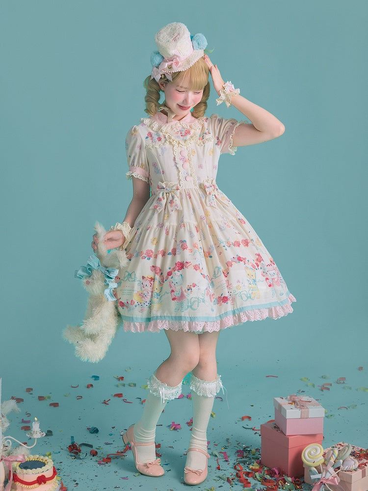 Lolita Scalloped Eyelet Kitty Short Dress with Sleeves Print Creamy Sweet Trims