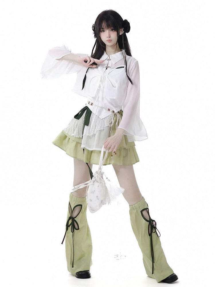 Green Cheongsam Tiered Skirt with Waist Belt Elastic Waist Style