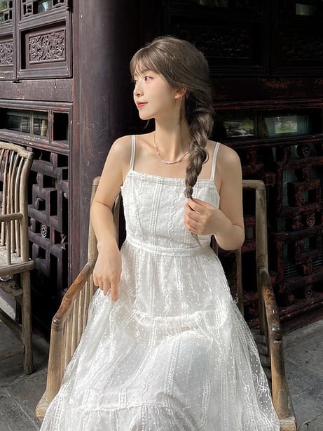 レース スリップドレス 丈 ホワイト ハイウエスト アンクル丈