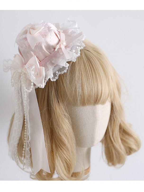 Lolita mit süß verzierter Schleife, Perlendetails, Hutbesatz, rosa, Mini-Clips, Spitze, orange