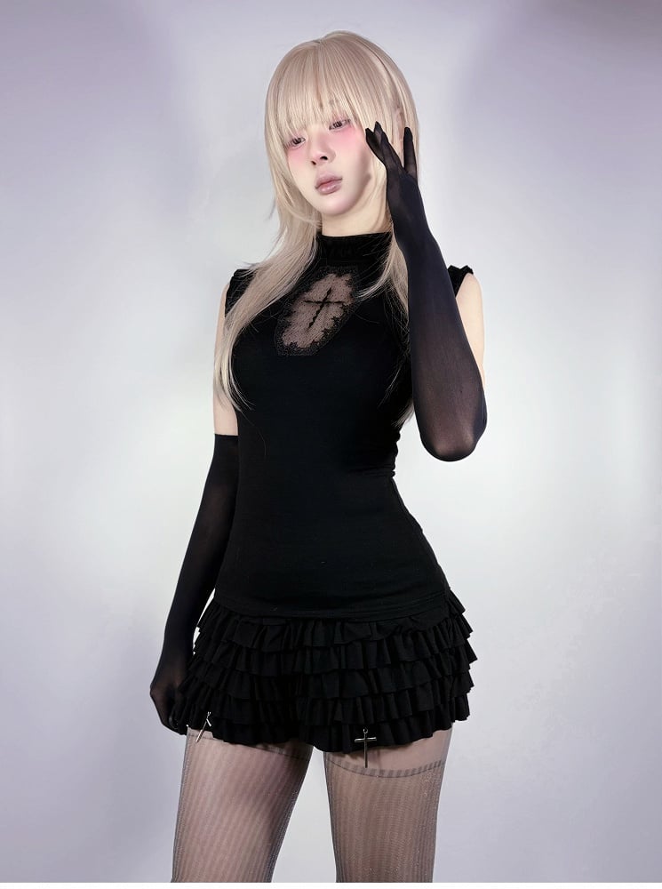 Cross Charms Tiered Ruffles Skort Waist Black Elastic