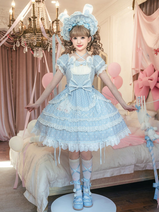 Bunny Square Dots Pattern Ears Lolita Polka Blue Plush Neckline Sweet Dress