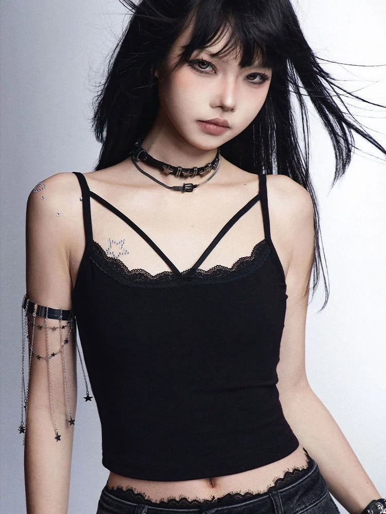 Cardigan with Top Ruffled Trim Lace Knitted Set V-neck Cami Black Hollow-out