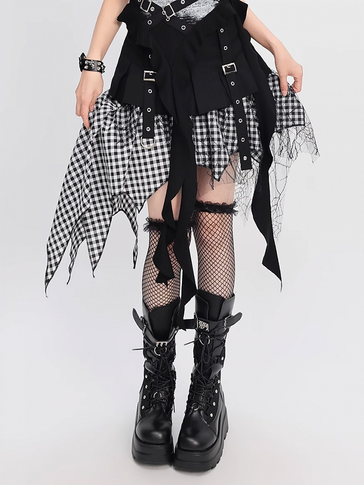 Handkerchief Hem Mesh Patchwork Y2K Black Blue/ White Plaid Skirt Black