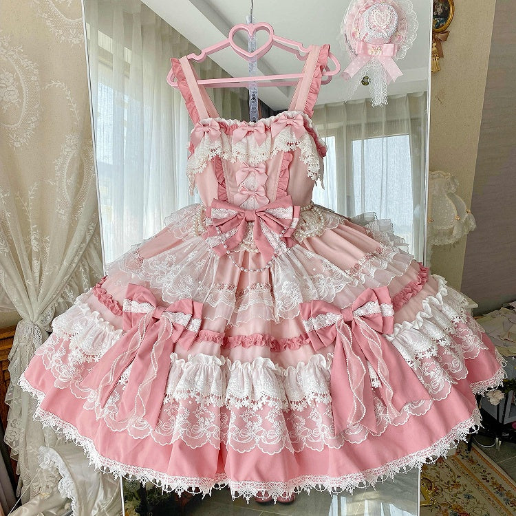 Pink Tiered Lolita Dress Sweet Bows Skirt and Details Bead Detachable