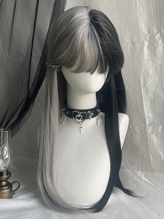 Black&White Split Color Waist Length Straight Synthetic Wig With Bangs