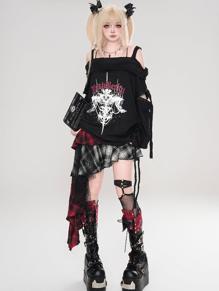 Y2K Black/White Cross Print Cutout Detail Off-the-shoulder Neckline Punk Top