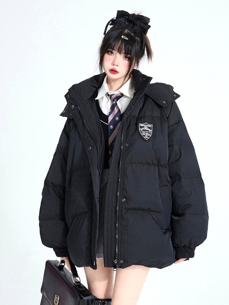 Padded Black Hooded Cuffs Short with Patches Coat Preppy Elastic Badge