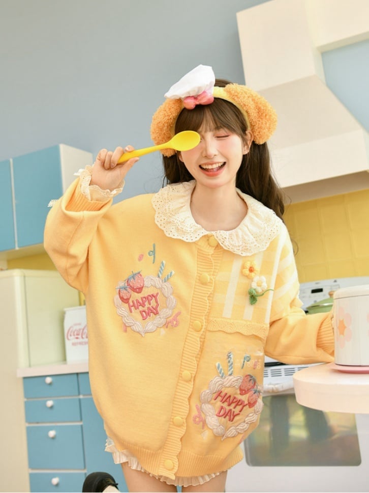 Kawaii Yellow Knitted Cardigan Floral Accents Creamy Yume Strawberry Cake Embroidered