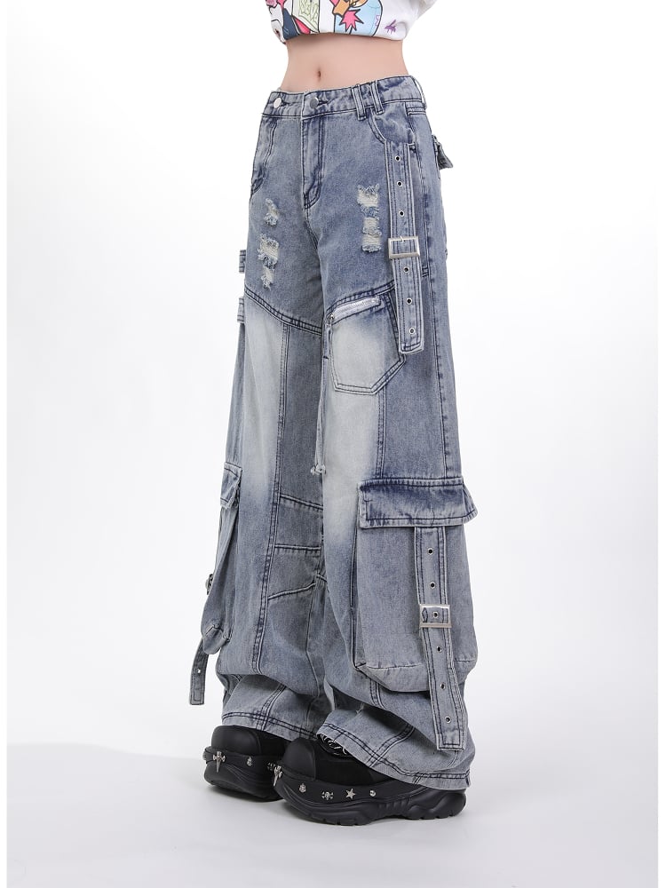Wash Blue Distressed Cargo Jeans with Adjustable Strap Accents Faded