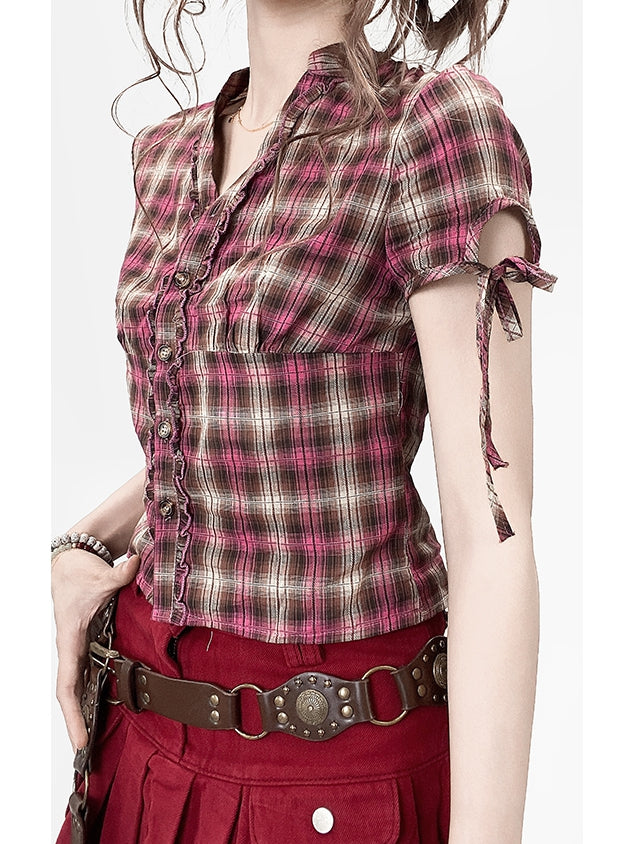 Plaid Sleeves Ruffles Trim Pattern Shirt V-neck Y2K Short RedBrown