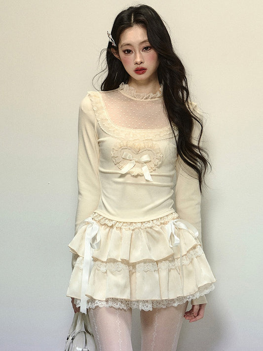 Apricot Illusion Neckline Lace Accents Long Sleeves Top