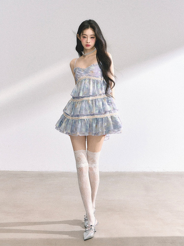 Slip Kleid Tiered Ausschnitt Rock Blau Sweetheart Ölgemälde Floral Mini