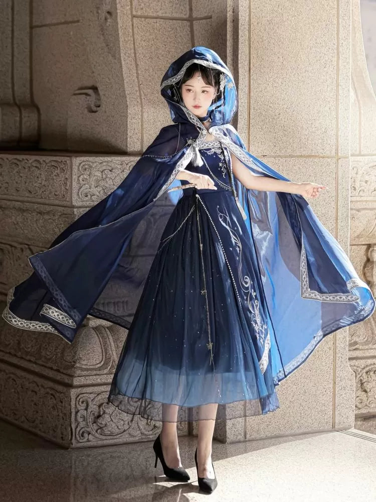 Night + Blue Embroidery Dress Long Dark Butterfly Starry Dreamy