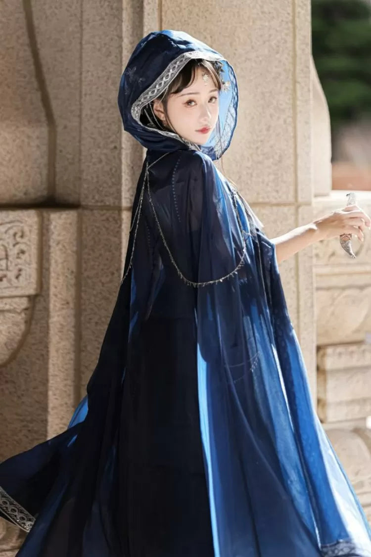 Night + Blue Embroidery Dress Long Dark Butterfly Starry Dreamy