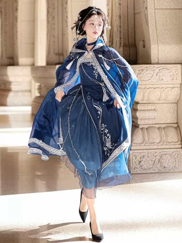 Night + Blue Embroidery Dress Long Dark Butterfly Starry Dreamy