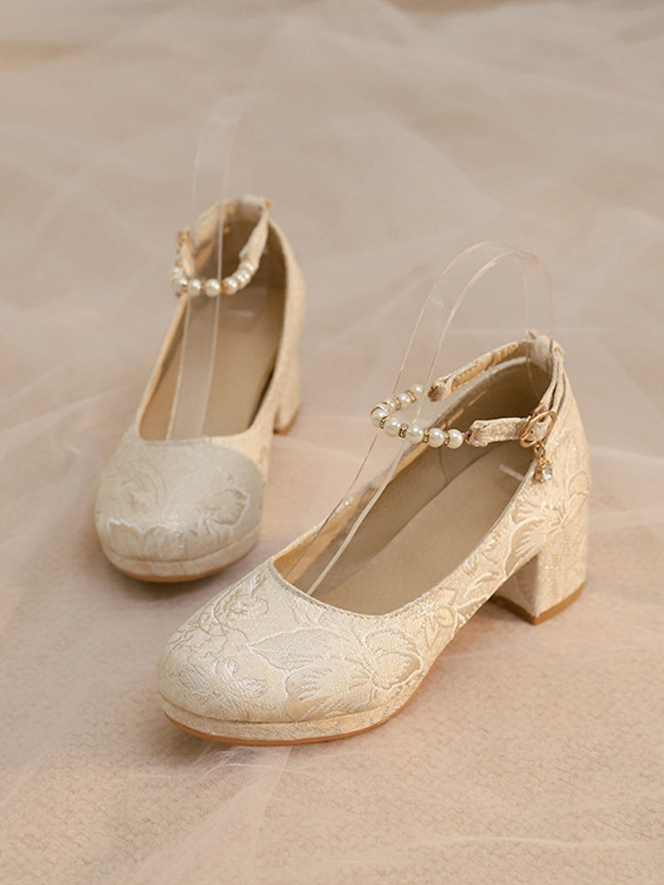 Beige Block Floral Janes Beaded 5cm Pattern Mary - Heel Lolita with Strap Qi Satin
