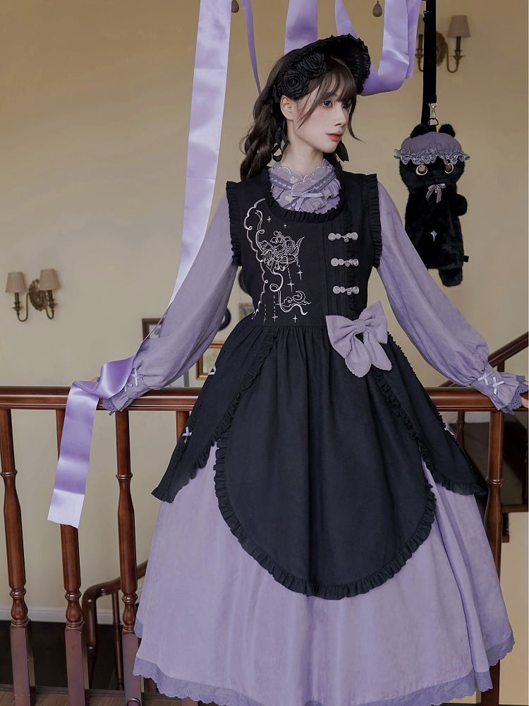 Lilafarbenes Han Lolita-Kleid mit gekreuztem Ausschnitt und Kordelzug