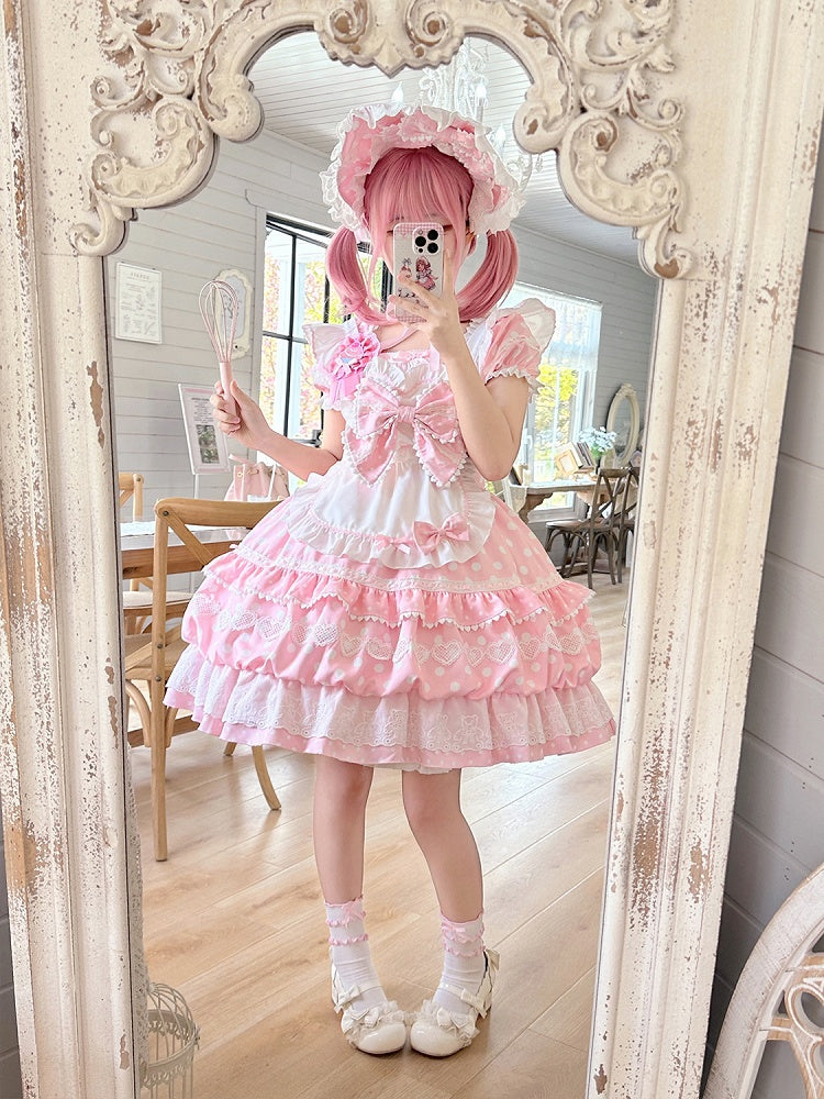 Dots Square Apron White Short Polka Dress Lolita with Sleeves Neckline Pink