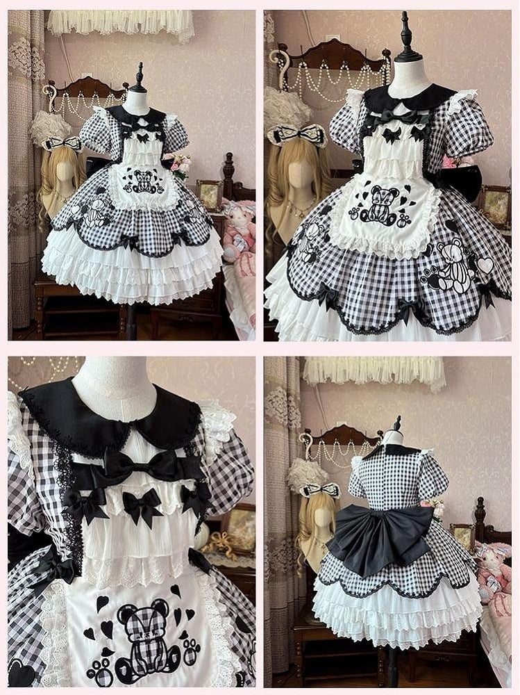 Sleeves Black White Plaid Bear Lolita Dress Skirt Puff Tiered Embroidery OP