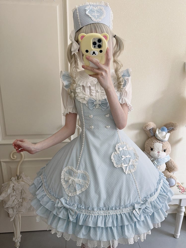 Layered Pattern Ruffle Nurse Hemline Blue Dress Polka-dot Lolita