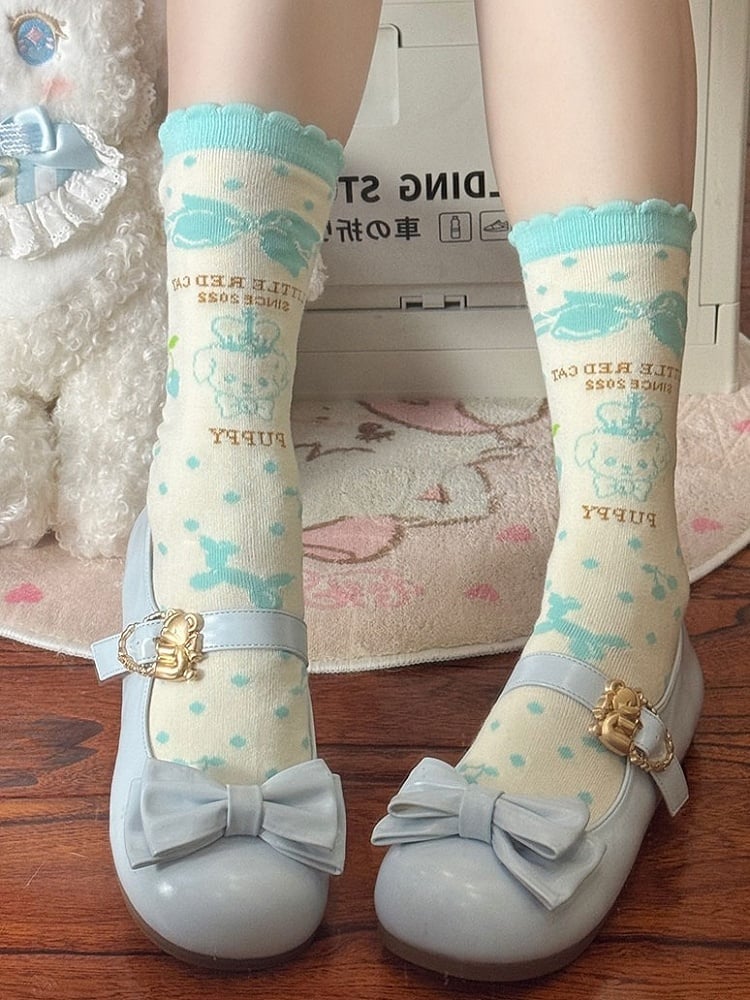 Heart Top Bow Buckles Sky at Hugging Bear Lolita Sweet Flats with Blue