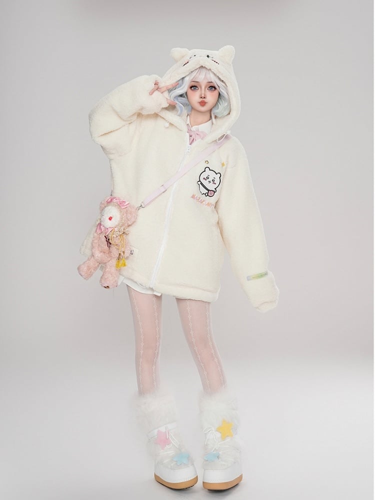 Fleece Cartoon Weiß Hamster Mantel Ohren Mit Kapuze Druck