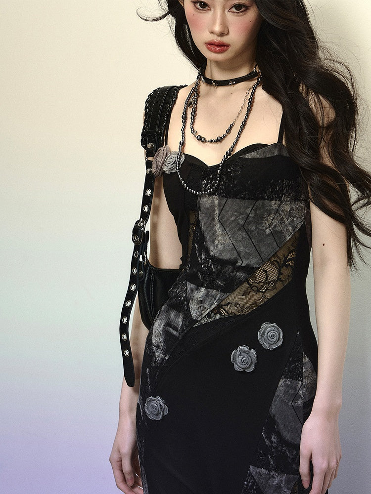Black Floral Embellished Lace Patches Slim-fitting Cami Dress