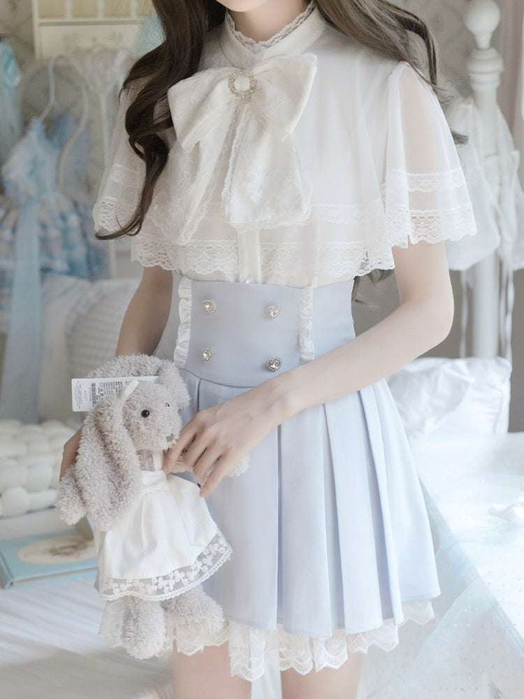 Jirai Kei Set Box Pleat Skirt+ Cape Top+ Blue Trim Bow Tie White Lace