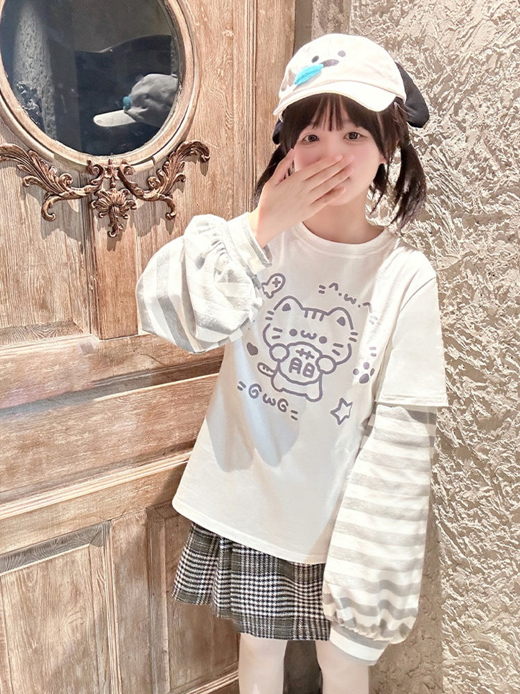 White Kitty Print Striped Long Sleeves T-shirt