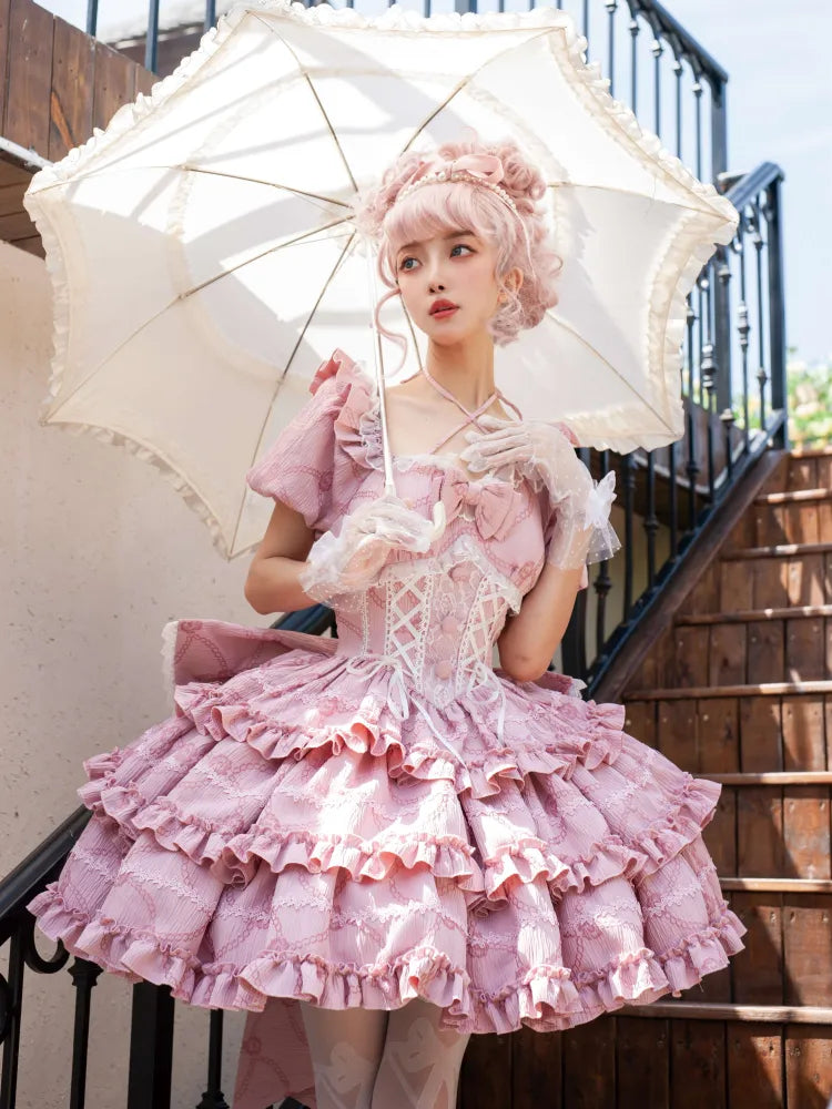 Dress Big Lolita OP Princess Corset Pink Skirt Ruffle Waist with