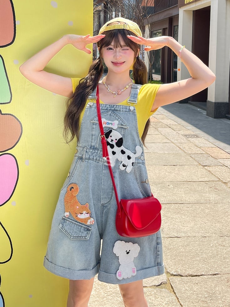 Blue High Detachable Waist Kitty Denim Overalls and Puppy Appliques with