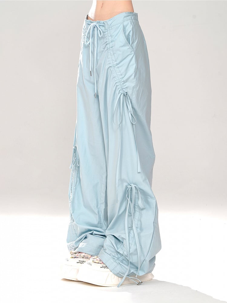 Blue Low Waist Wide-Leg Pants with Asymmetrical Drawstring Bows