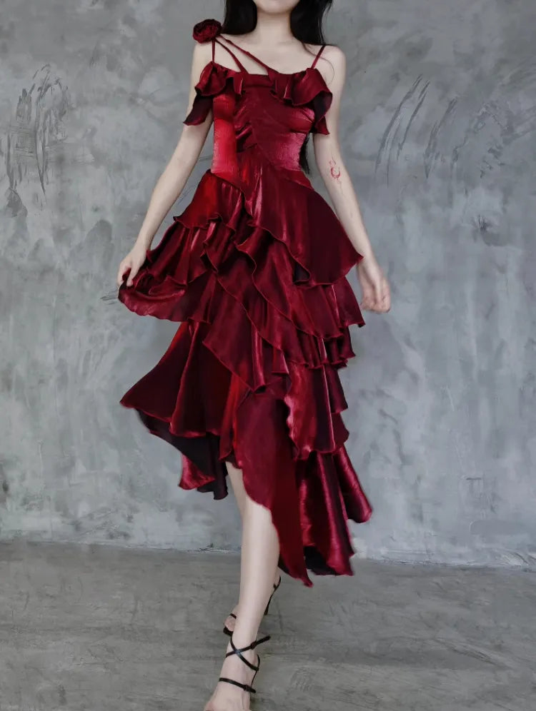 Red Shimmer Asymmetrical Layered Flounce Spaghetti Strap Prom Dress Evening Gown