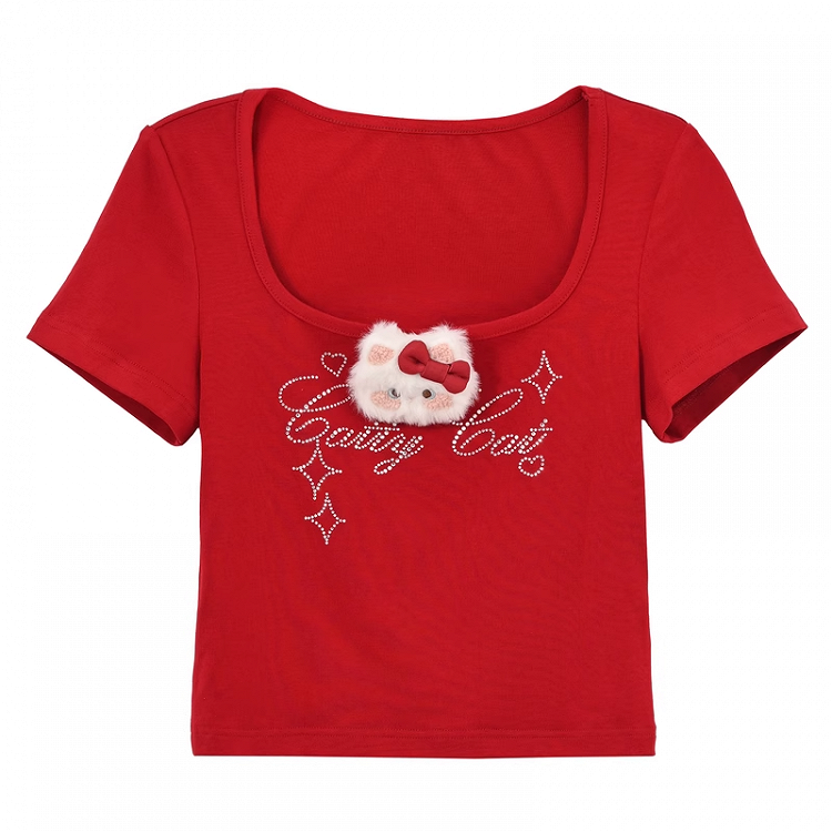 Details T-Shirt with Detachable Kitty Plushie Neck Rhinestone Red Square