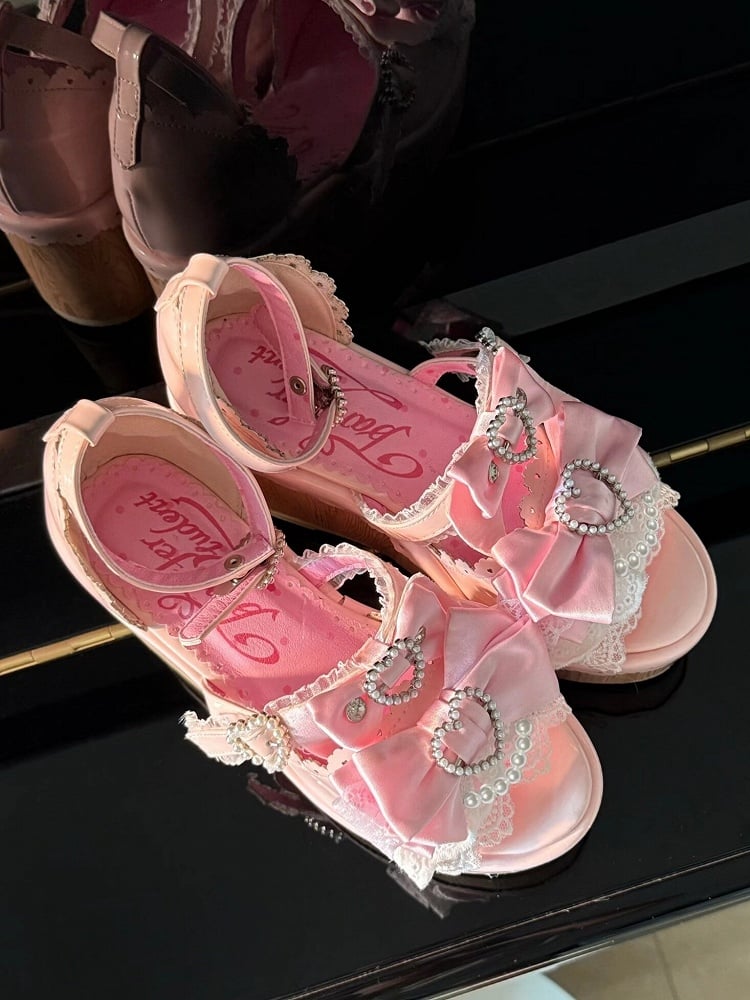 Heart Gyaru Beaded - Bow Wedge Pink Accents Platform Buckles Hime Sandals