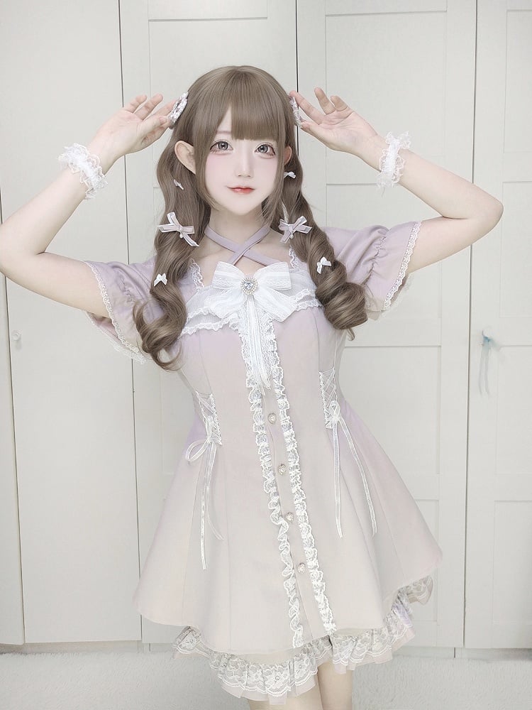 Kleider-Shorts-Set: Knöpfe, Herz-Coord + Sweet Kei Jirai mit hellrosa geformtem Neckholder