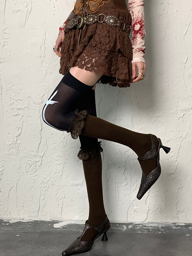 Under-knee Cuff Stockings Ruffled Brown Y2K