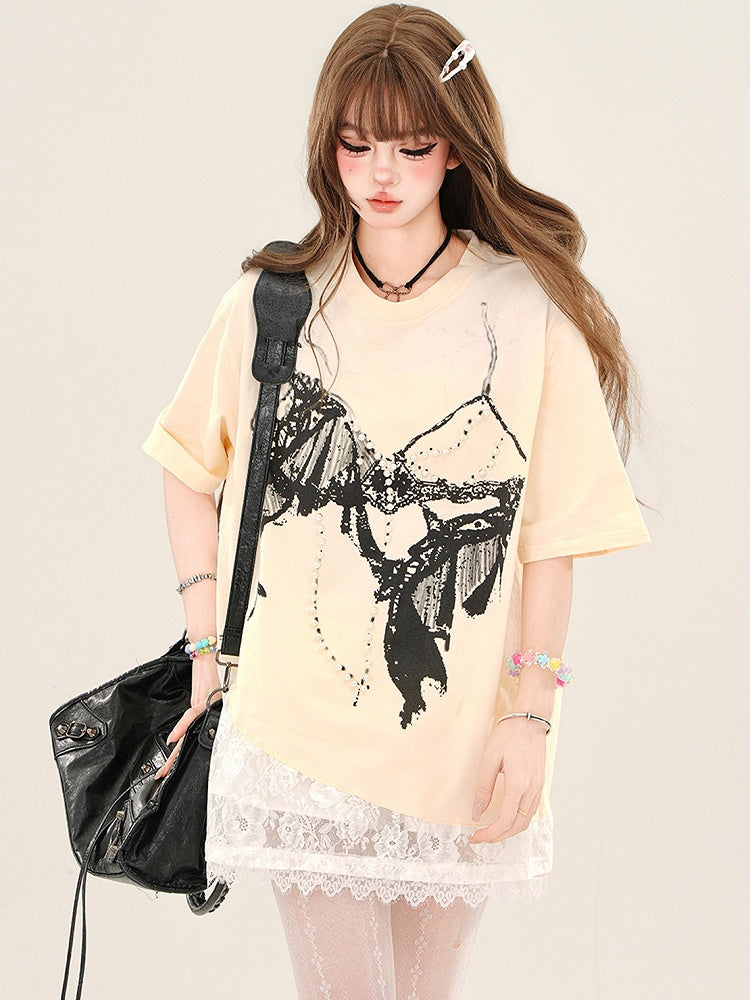 Apricot/Schwarzes T-Shirt mit BH-Grafik und Perlenverzierungen