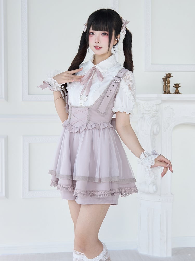 Buckle Straps Heart Details Jirai Kei Overall Dress Adjustable Shoulder Pink with Beaded