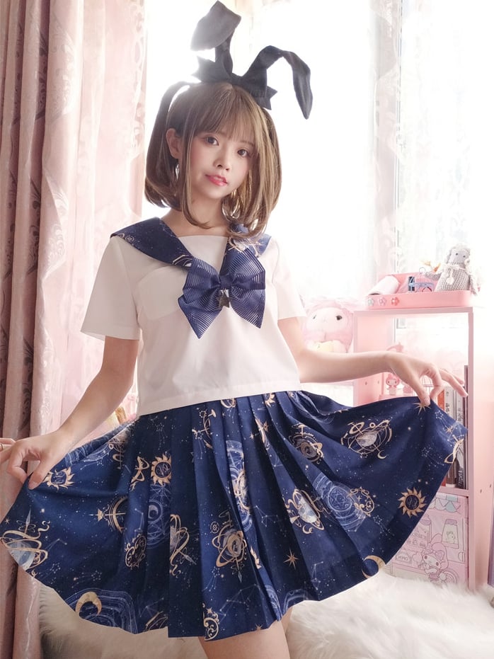 Dark Blue Celestial Globes Print Sailor Collar White JK Uniform Top
